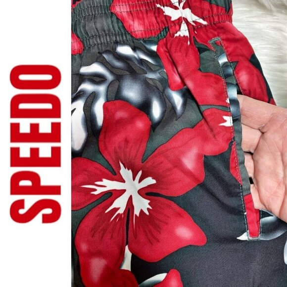 SPEEDO Men's Board Shorts Swim Trunks Black Red Hawaiian Floral, Size M - Picture 5 of 9